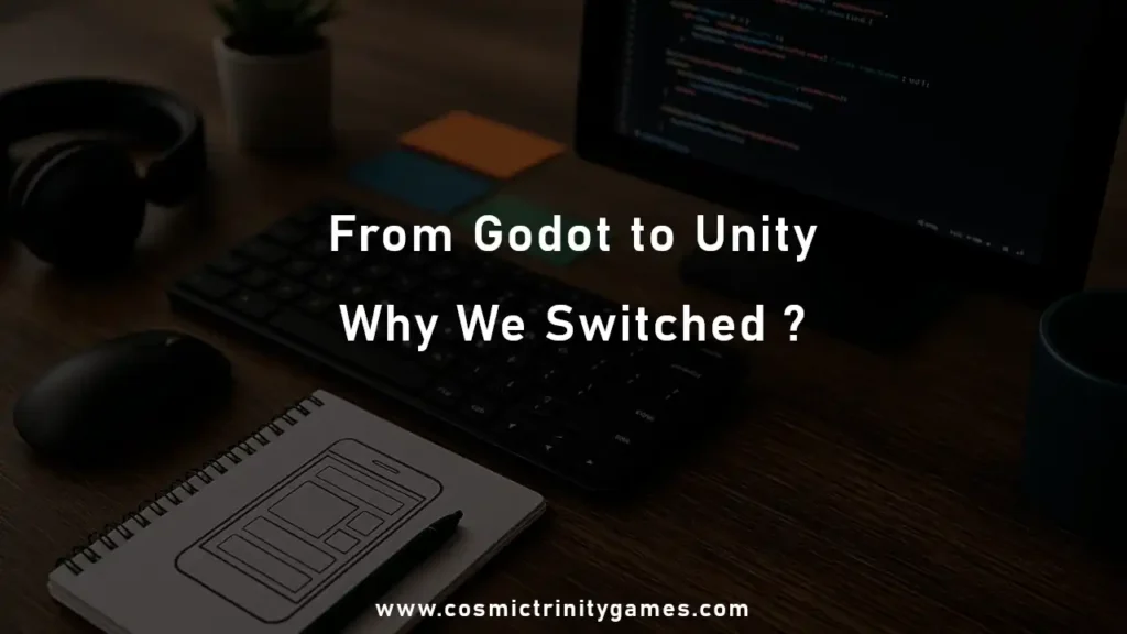 A small indie game studio’s workspace representing the journey as they switched from Godot to Unity, reflecting the challenges and lessons learned.