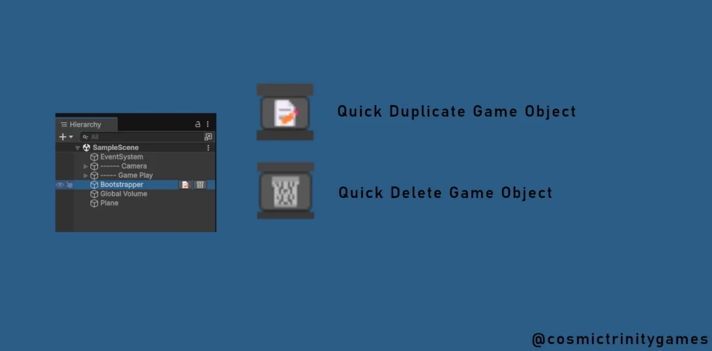 cosmic-trinity-games-quick-delete-duplicate-editor-tool Unity Hierarchy Panel with Custom Delete and Duplicate Buttons on GameObjects - Editor Tool